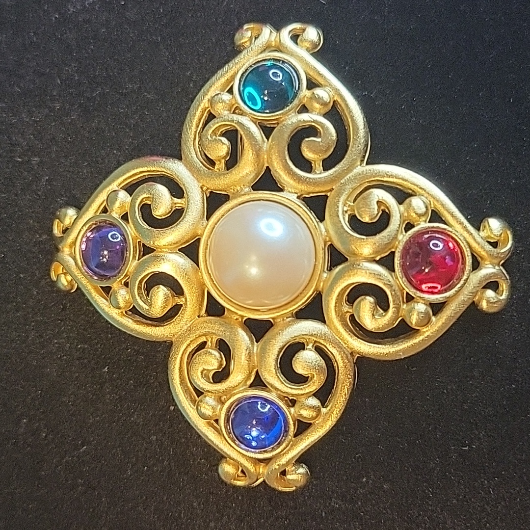 Avante Gold Tone Scroll Design Brooch Pin W/ Multi-Colored Faux Stones